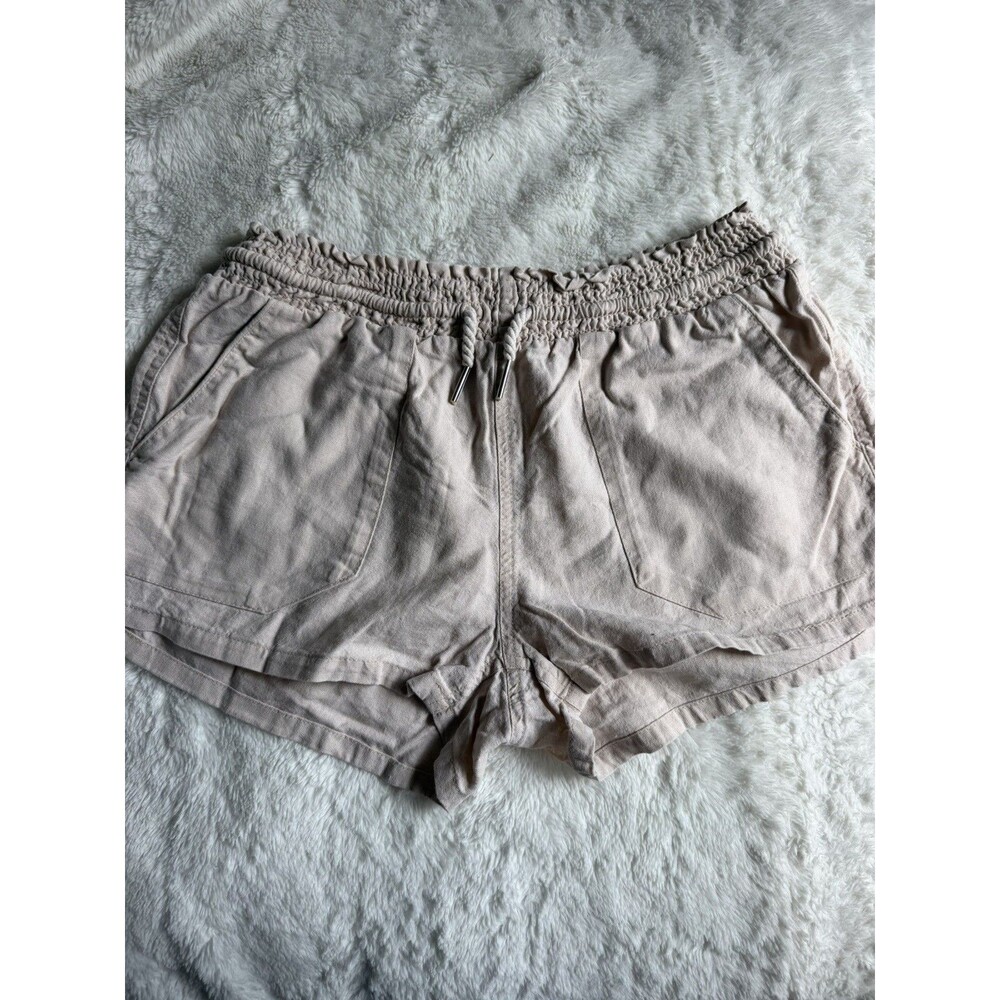Love Tree Linen Blend Smocked Paperbag Waist Drawstring Shorts Beige Khaki Sz M